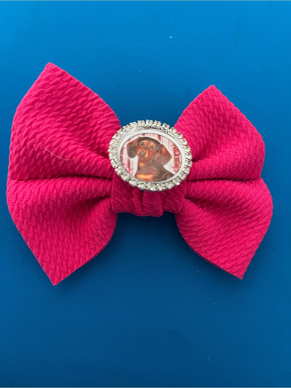Pink Bow Hair Clip with Rhinestone Dog Portrait